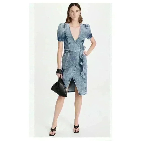 NEW Retrofete Zelda Wrap Dress Sienna Blue Denim V-Neck Puff Sleeve Sz XS - Picture 2 of 15